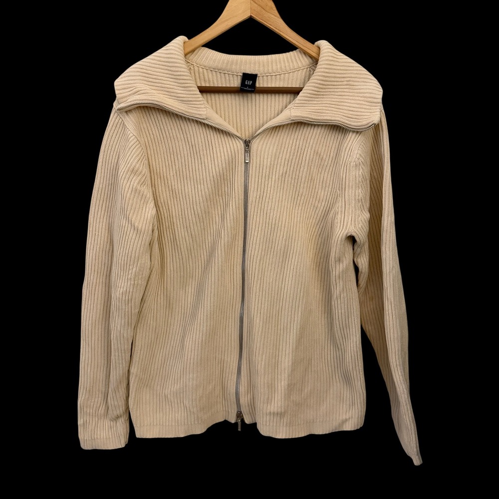 Gap Ribbed Full Zip Sweater Women Large Cream Excellent Cotton Knit Cardigan